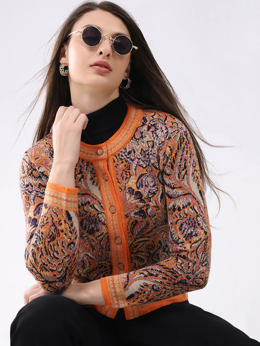 Women Orange Self Design Round Neck Full Sleeve Cardigan - Image 6