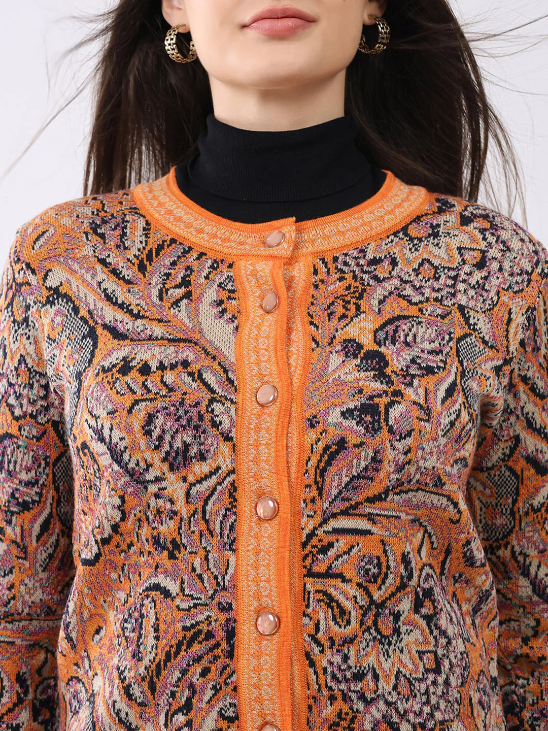 Women Orange Self Design Round Neck Full Sleeve Cardigan - Image 7