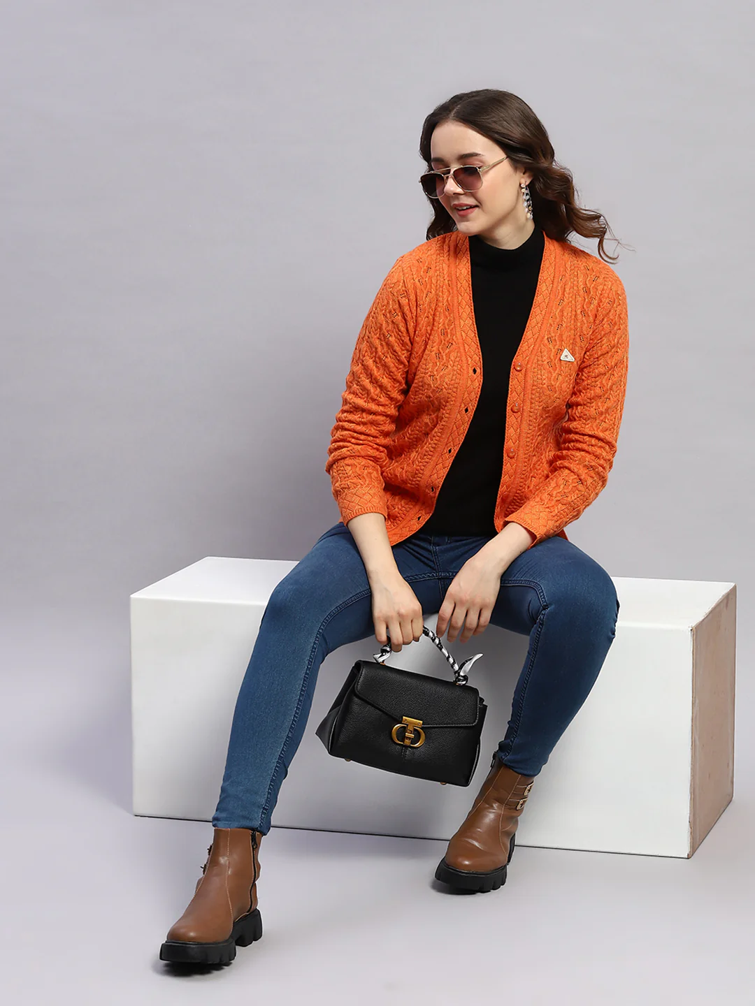 Women Orange Self Design V Neck Full Sleeve Cardigan - Image 2
