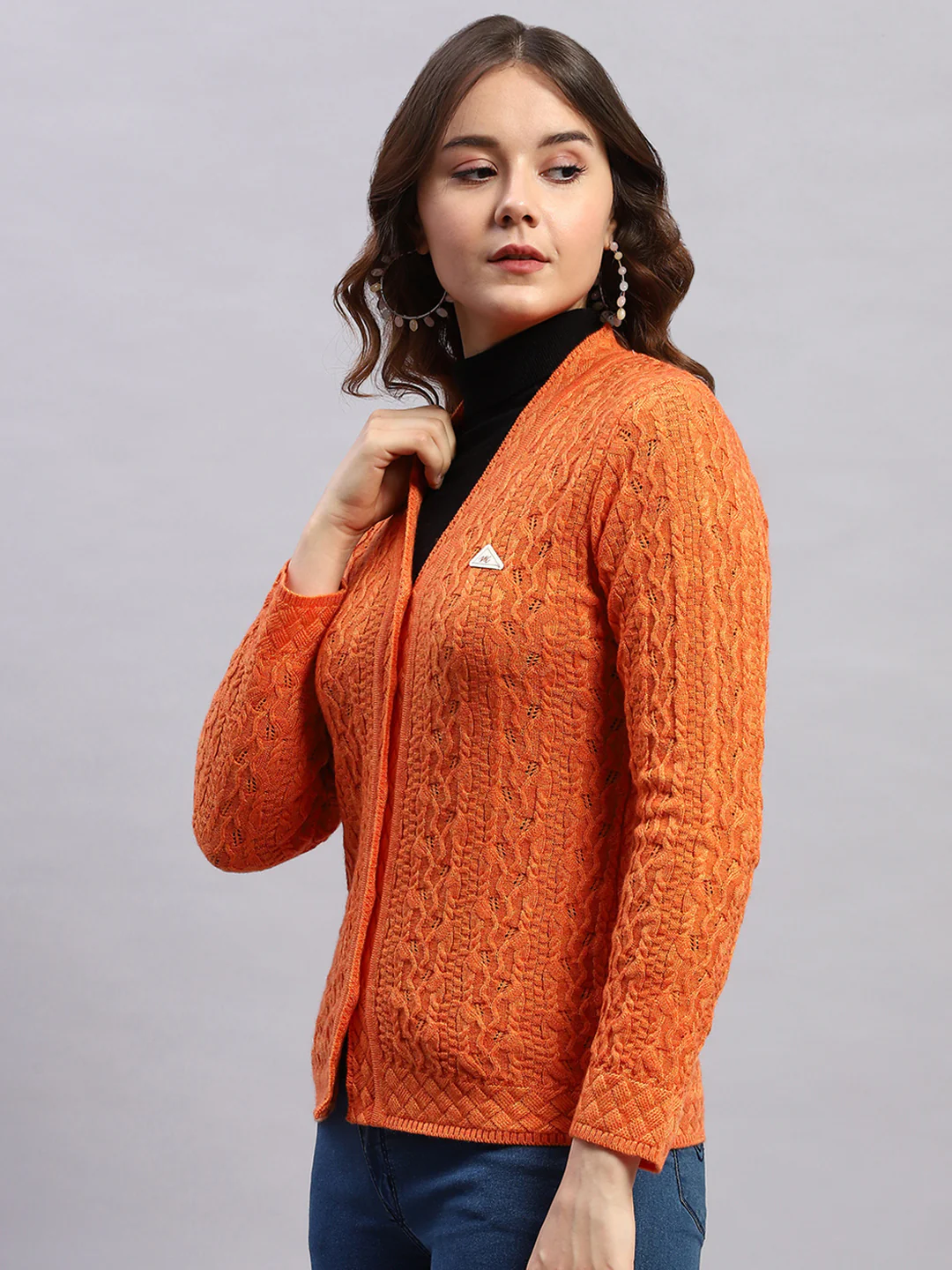 Women Orange Self Design V Neck Full Sleeve Cardigan - Image 3