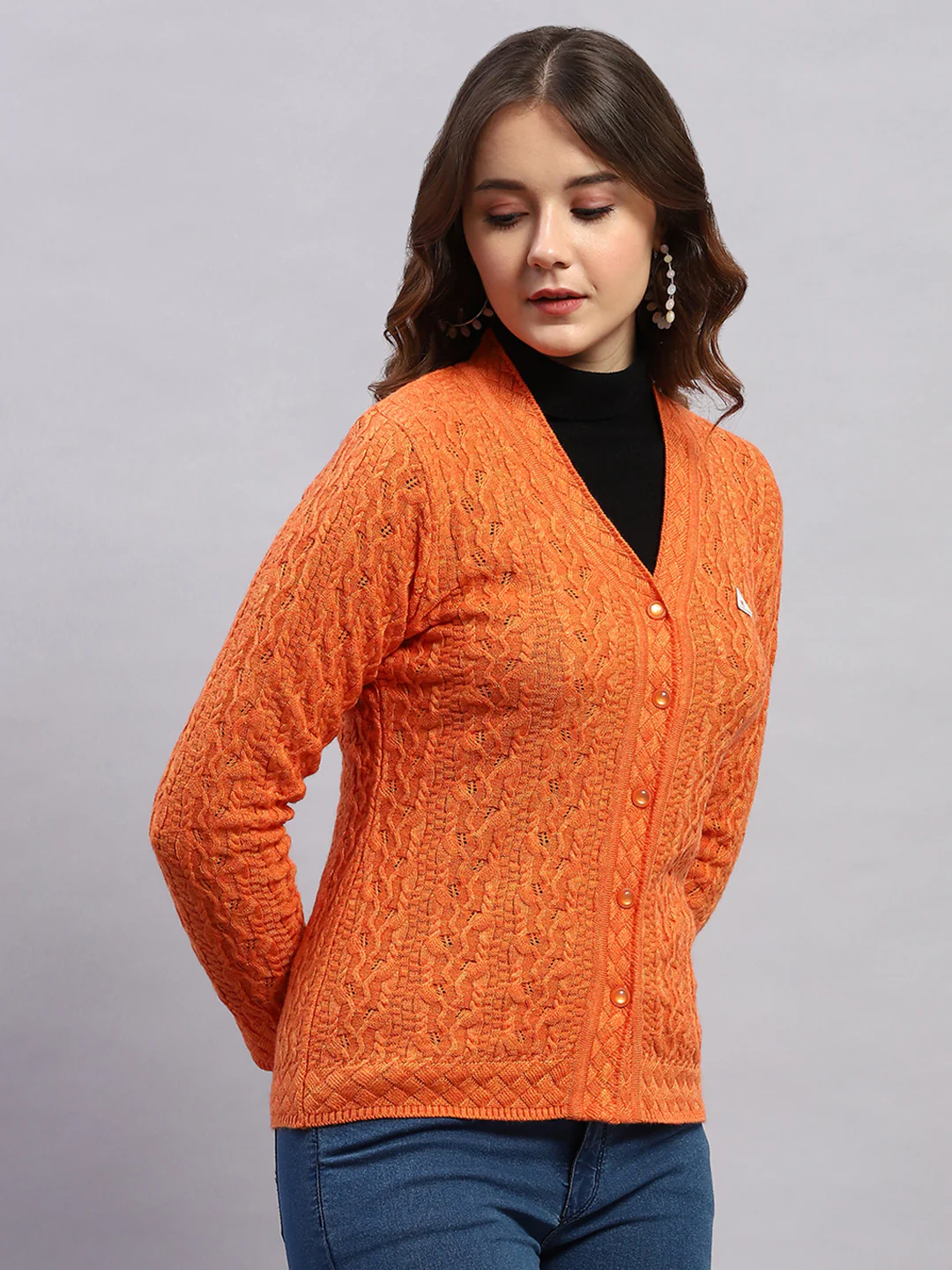 Women Orange Self Design V Neck Full Sleeve Cardigan - Image 4