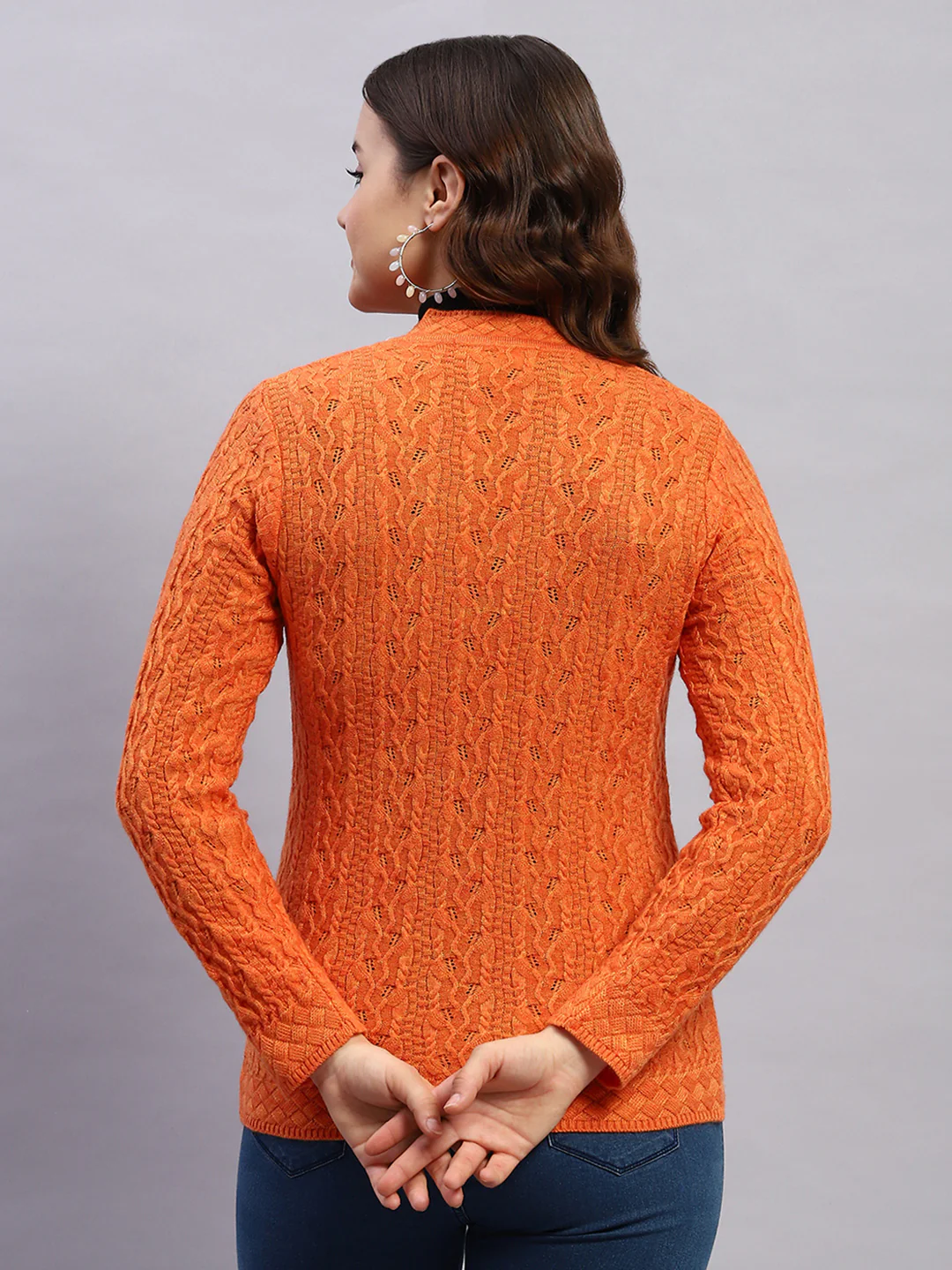 Women Orange Self Design V Neck Full Sleeve Cardigan - Image 5