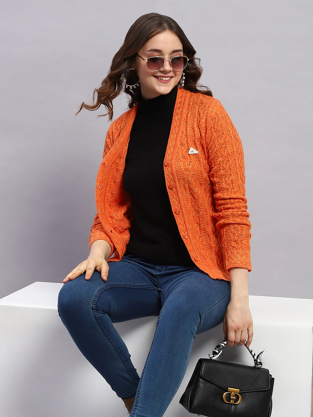 Women Orange Self Design V Neck Full Sleeve Cardigan - Image 6