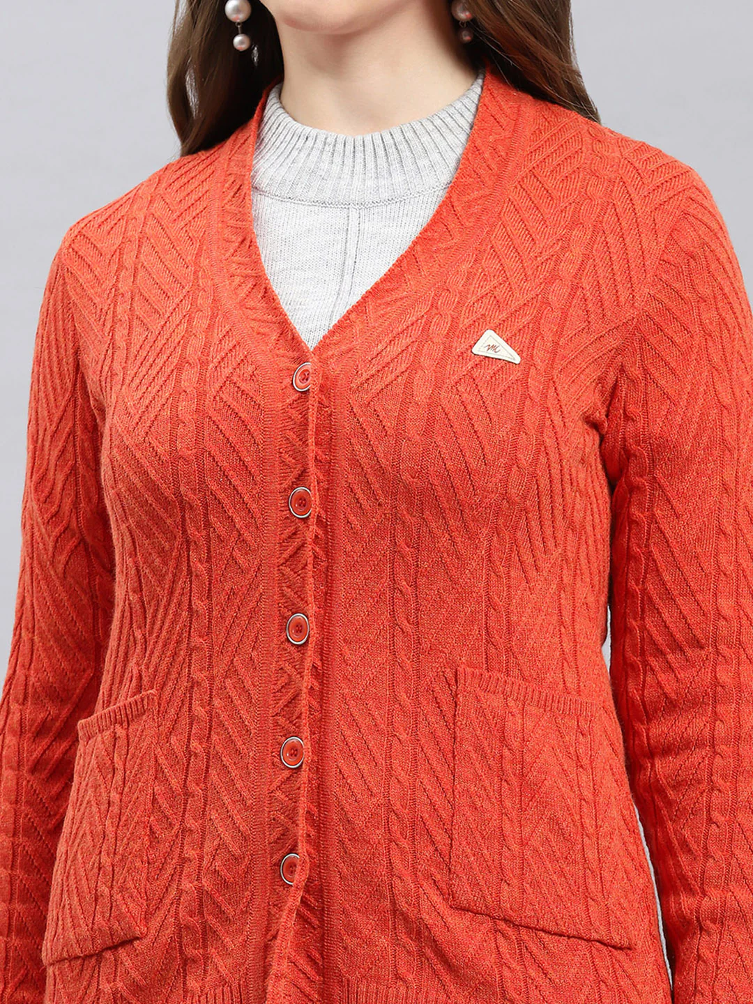 Women Orange Self Design V Neck Full Sleeve Cardigan - Image 6
