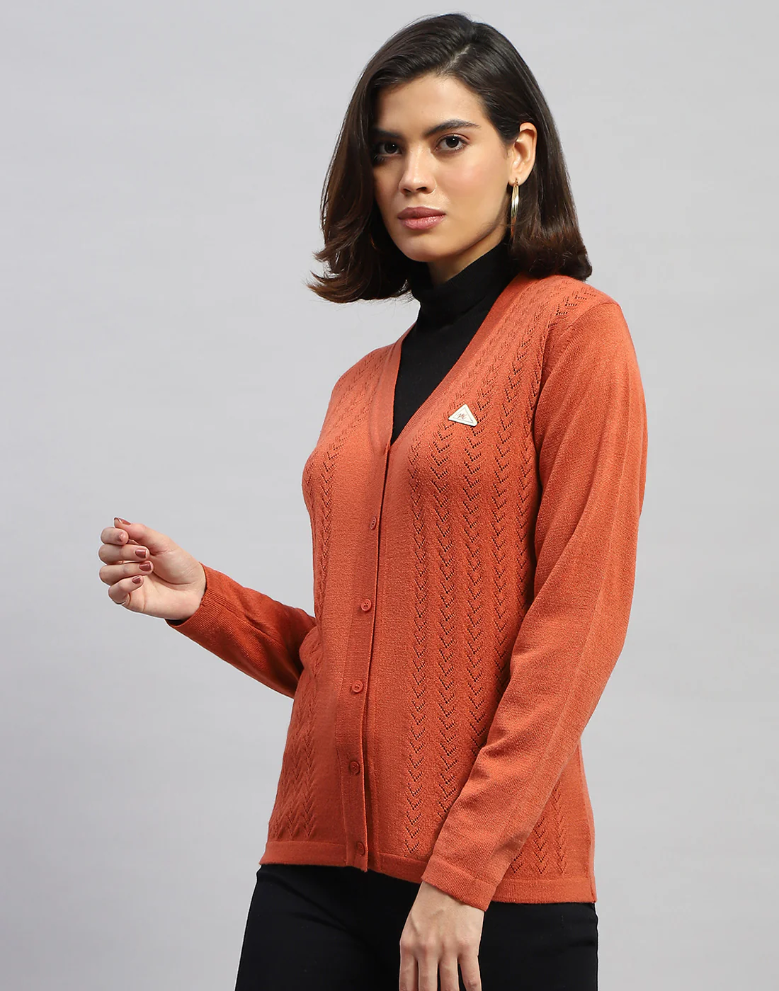 Women Orange Self Design V Neck Full Sleeve Cardigan - Image 3