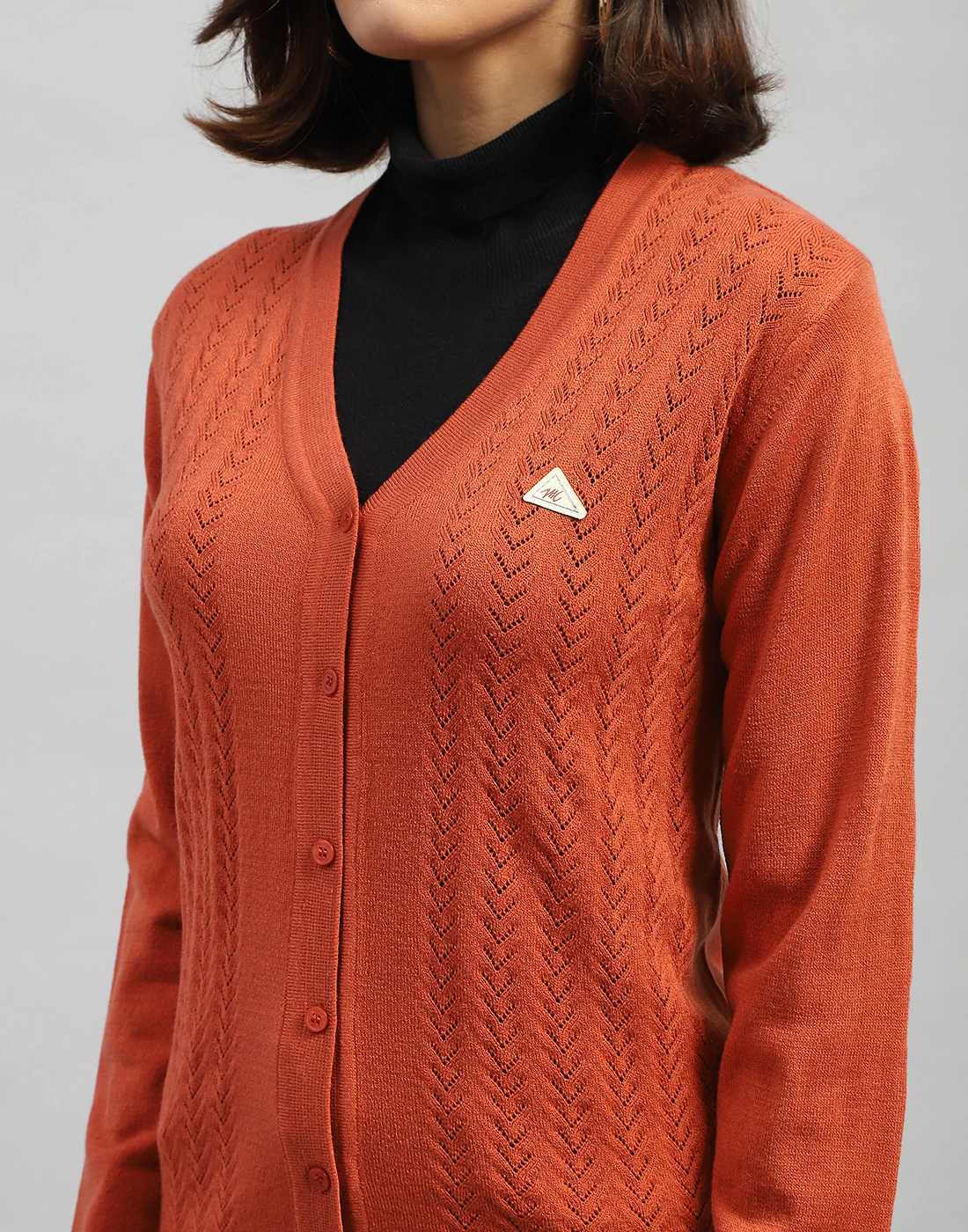 Women Orange Self Design V Neck Full Sleeve Cardigan - Image 6