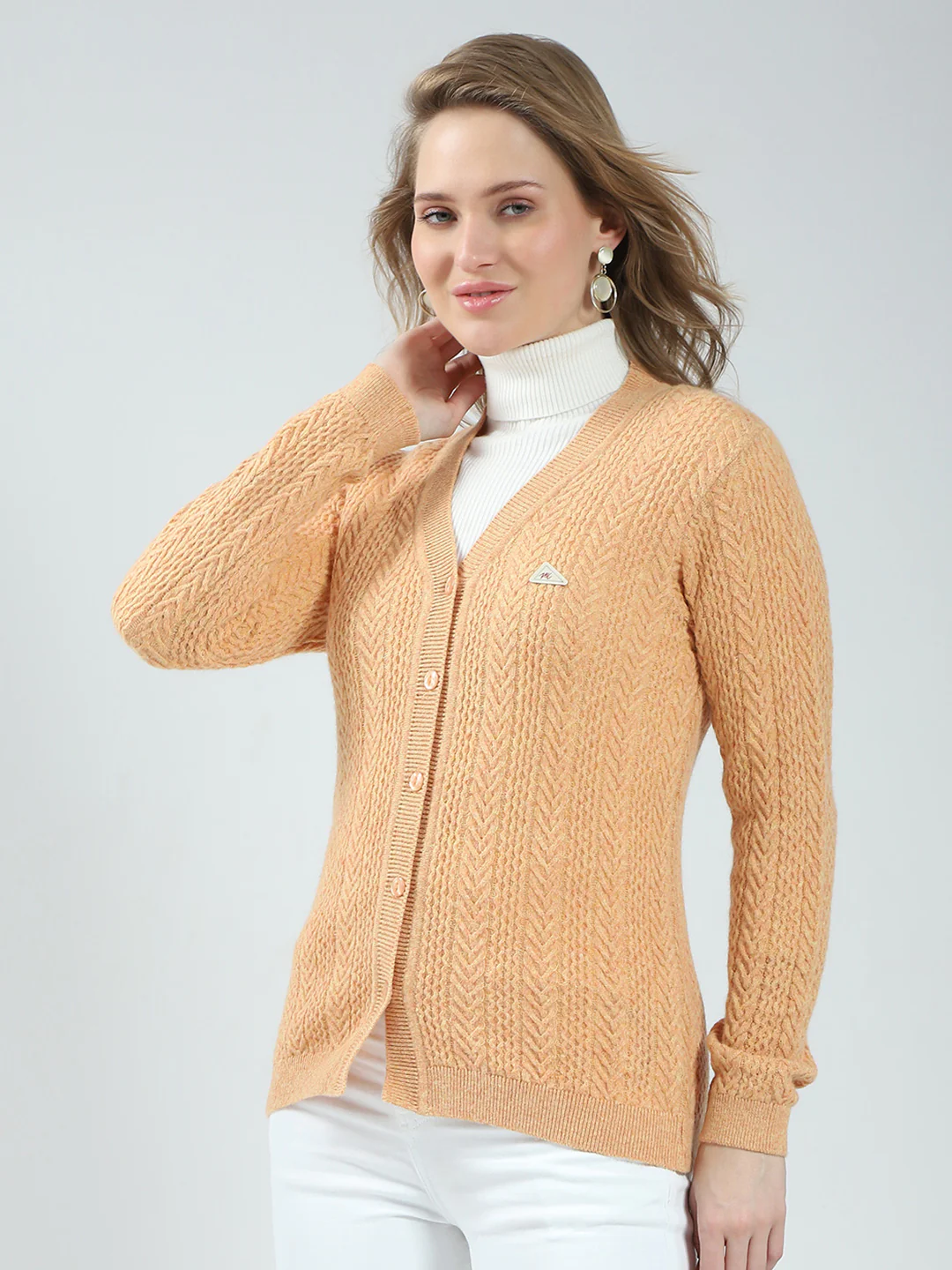 Women Orange Self Design V Neck Full Sleeve Cardigan - Image 3