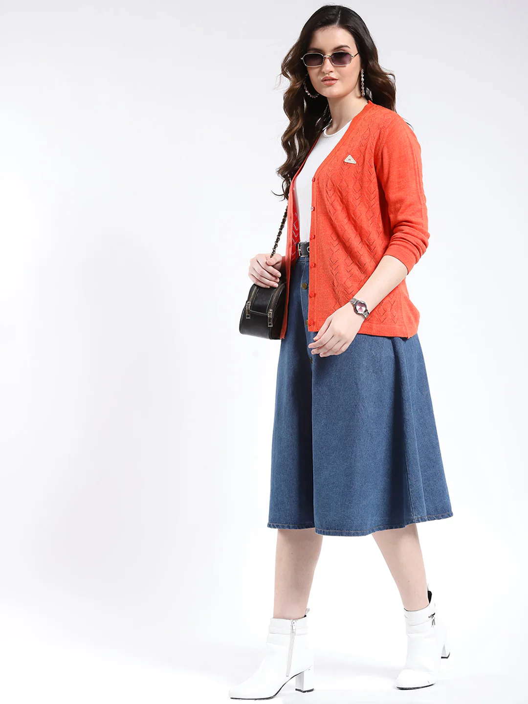 Women Orange Self Design V Neck Full Sleeve Cardigan - Image 2