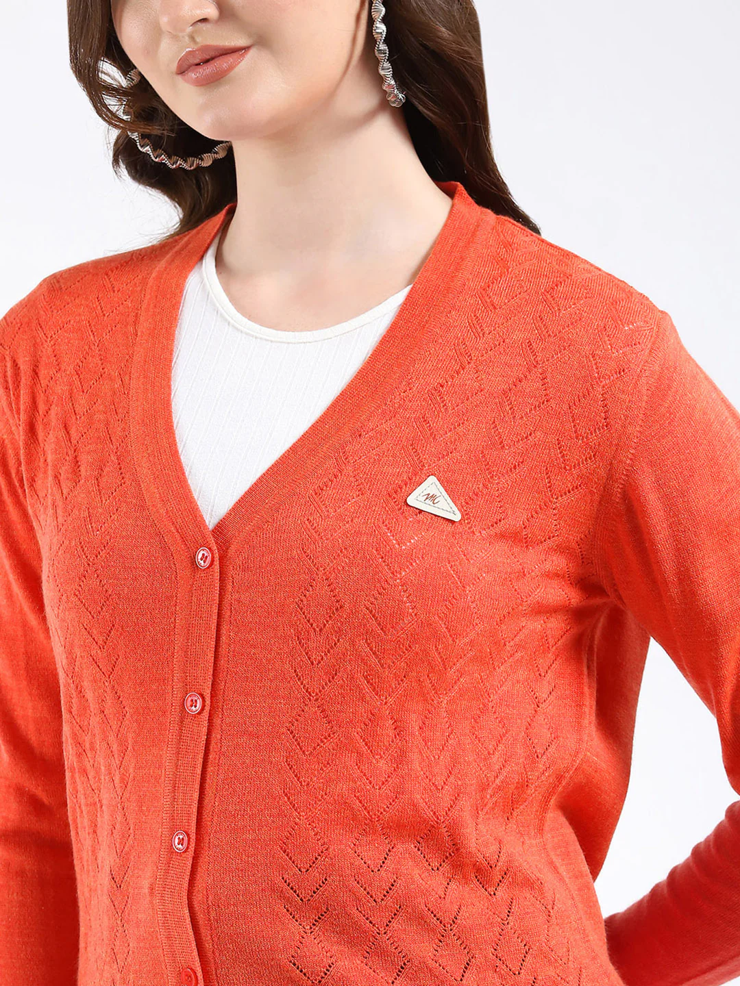 Women Orange Self Design V Neck Full Sleeve Cardigan - Image 6