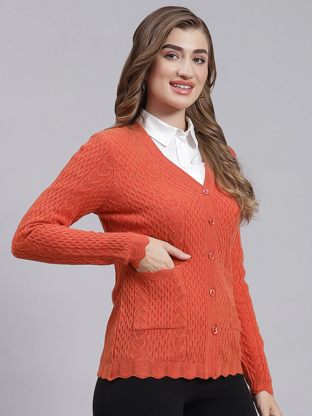 Women Orange Self Design Wool blend Cardigan - Image 2