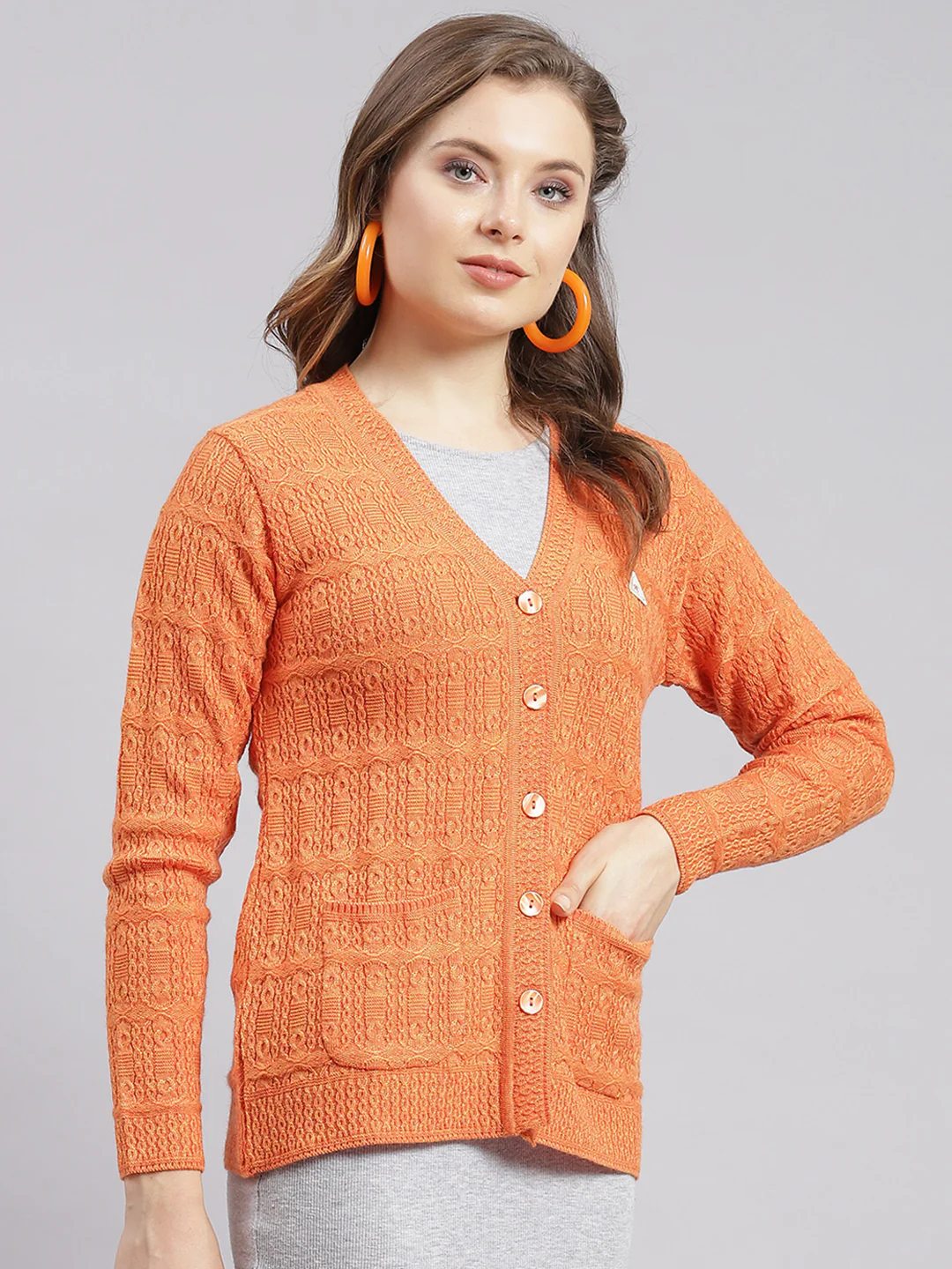 Women Orange Self Design Wool blend Cardigan - Image 2