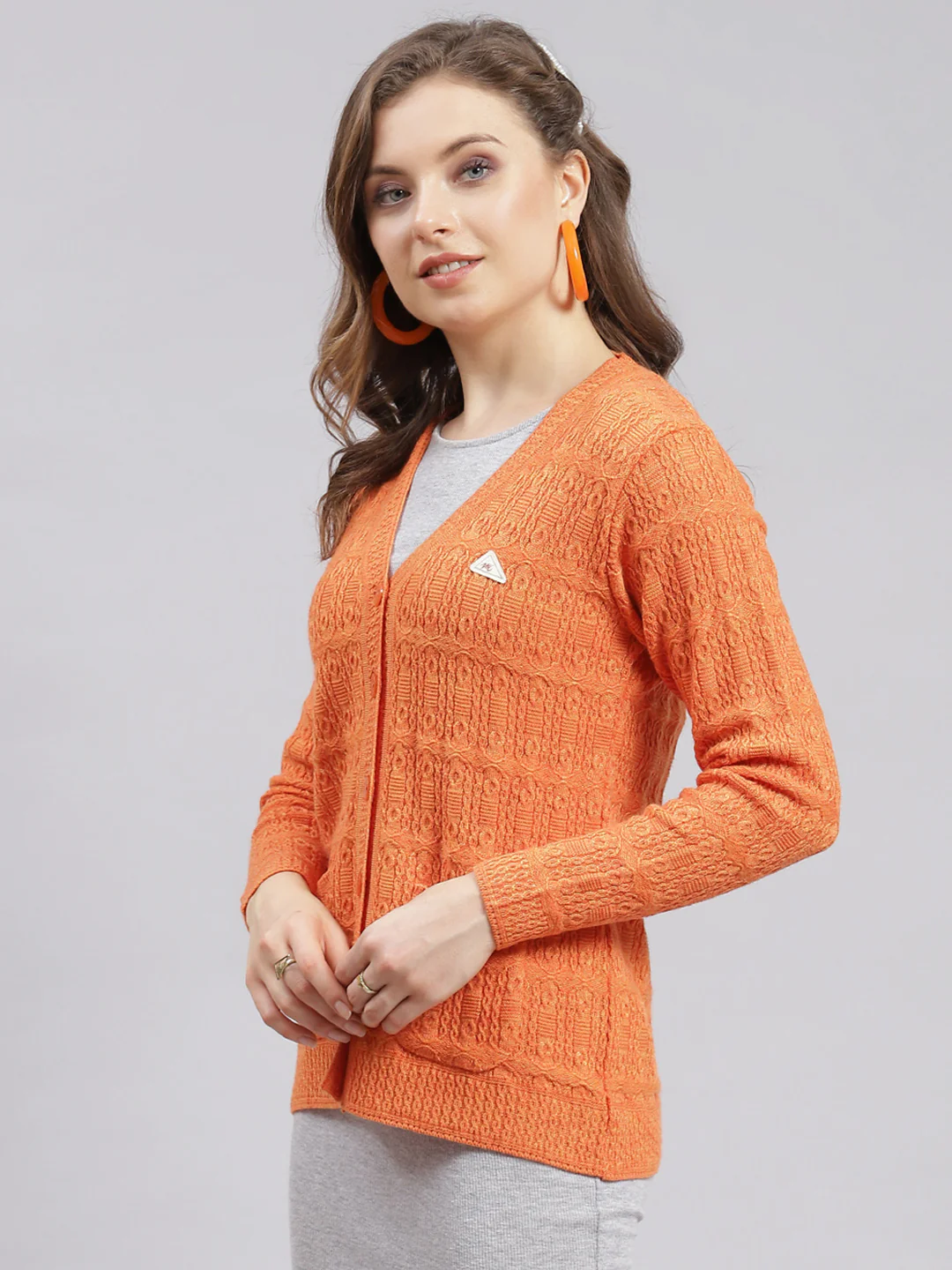 Women Orange Self Design Wool blend Cardigan - Image 3