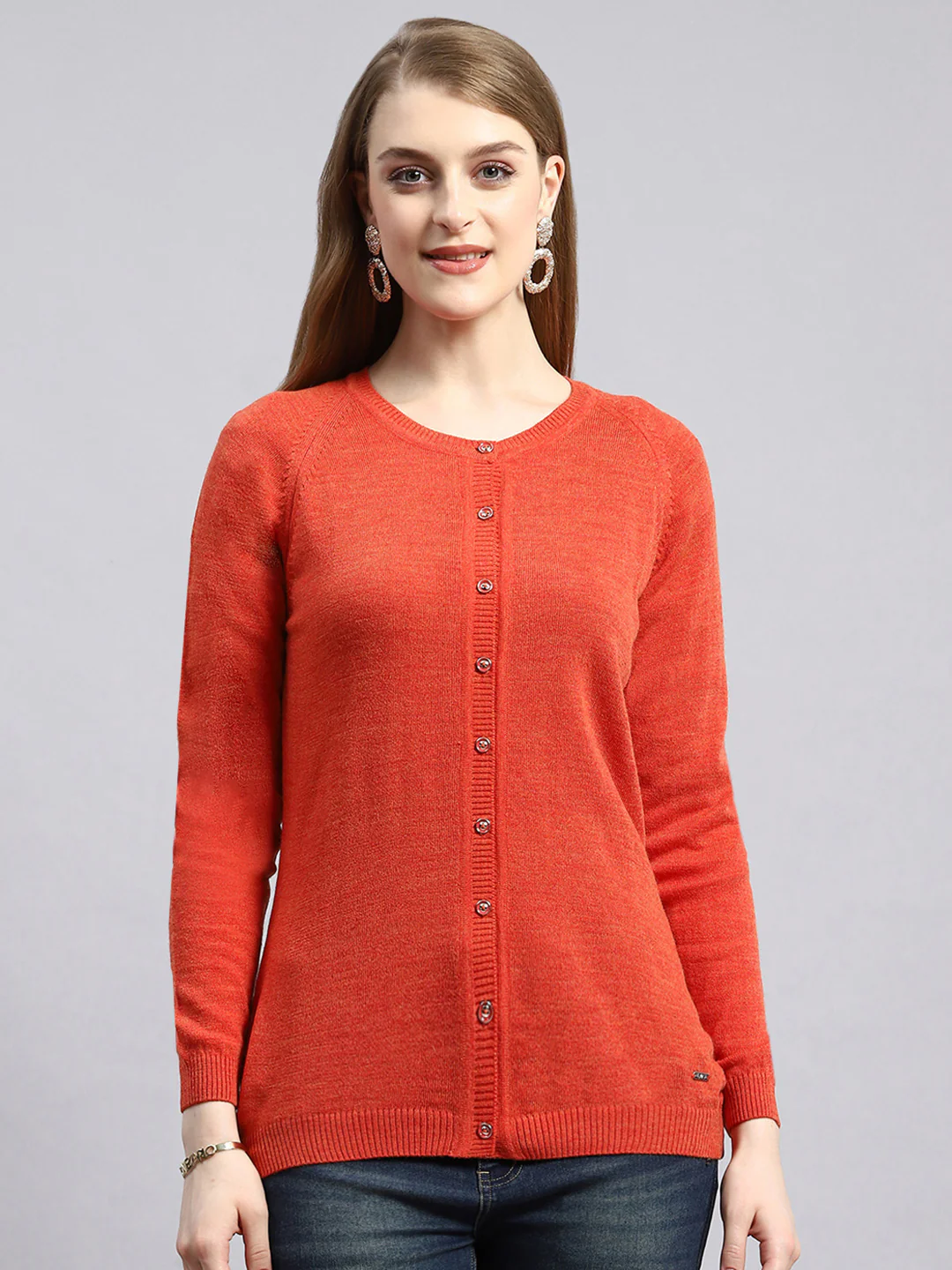 Women Orange Solid Cardigan - Image 2