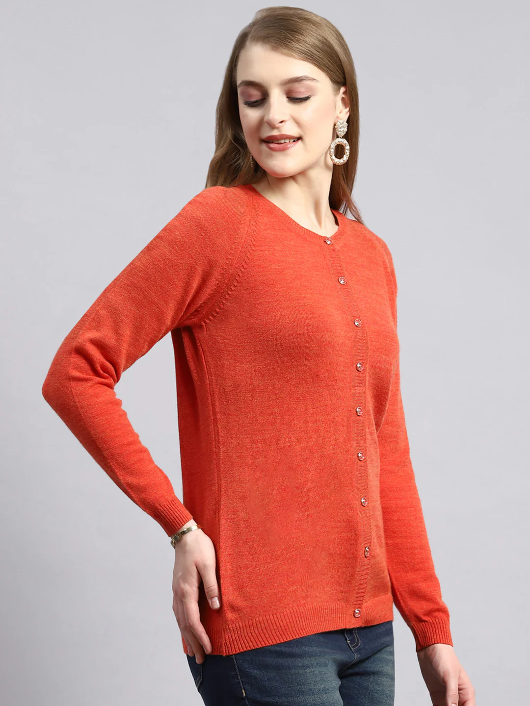 Women Orange Solid Cardigan - Image 3
