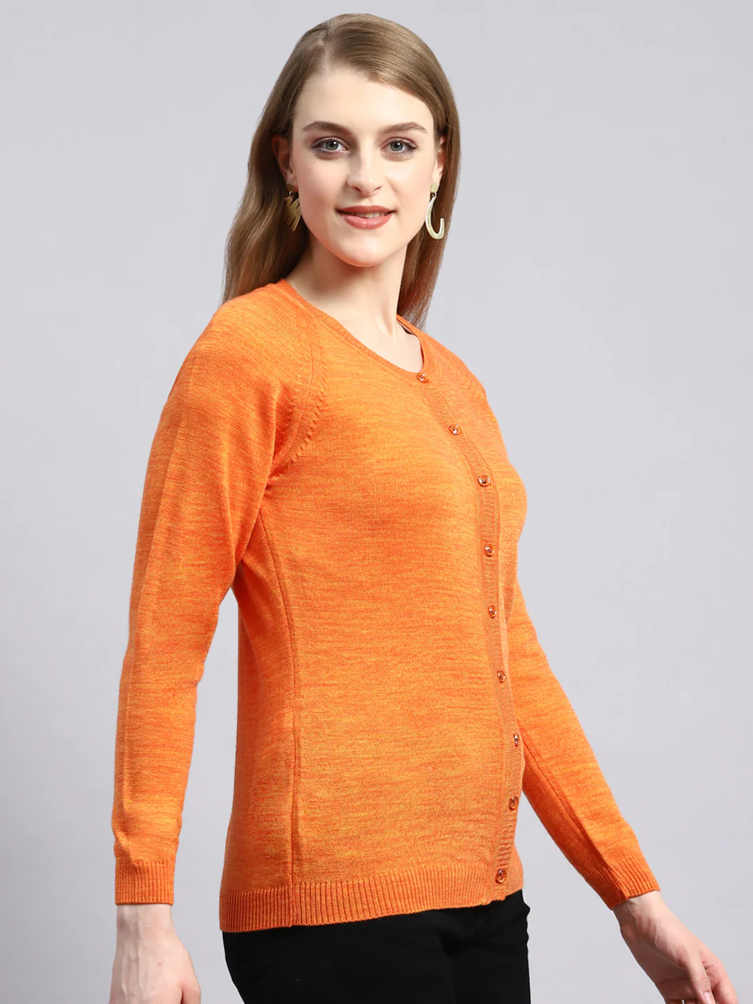 Women Orange Solid Cardigan - Image 3