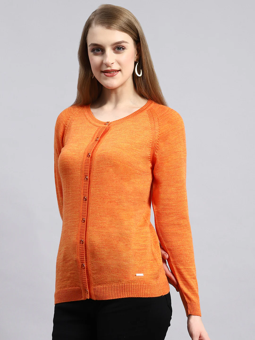 Women Orange Solid Cardigan - Image 4
