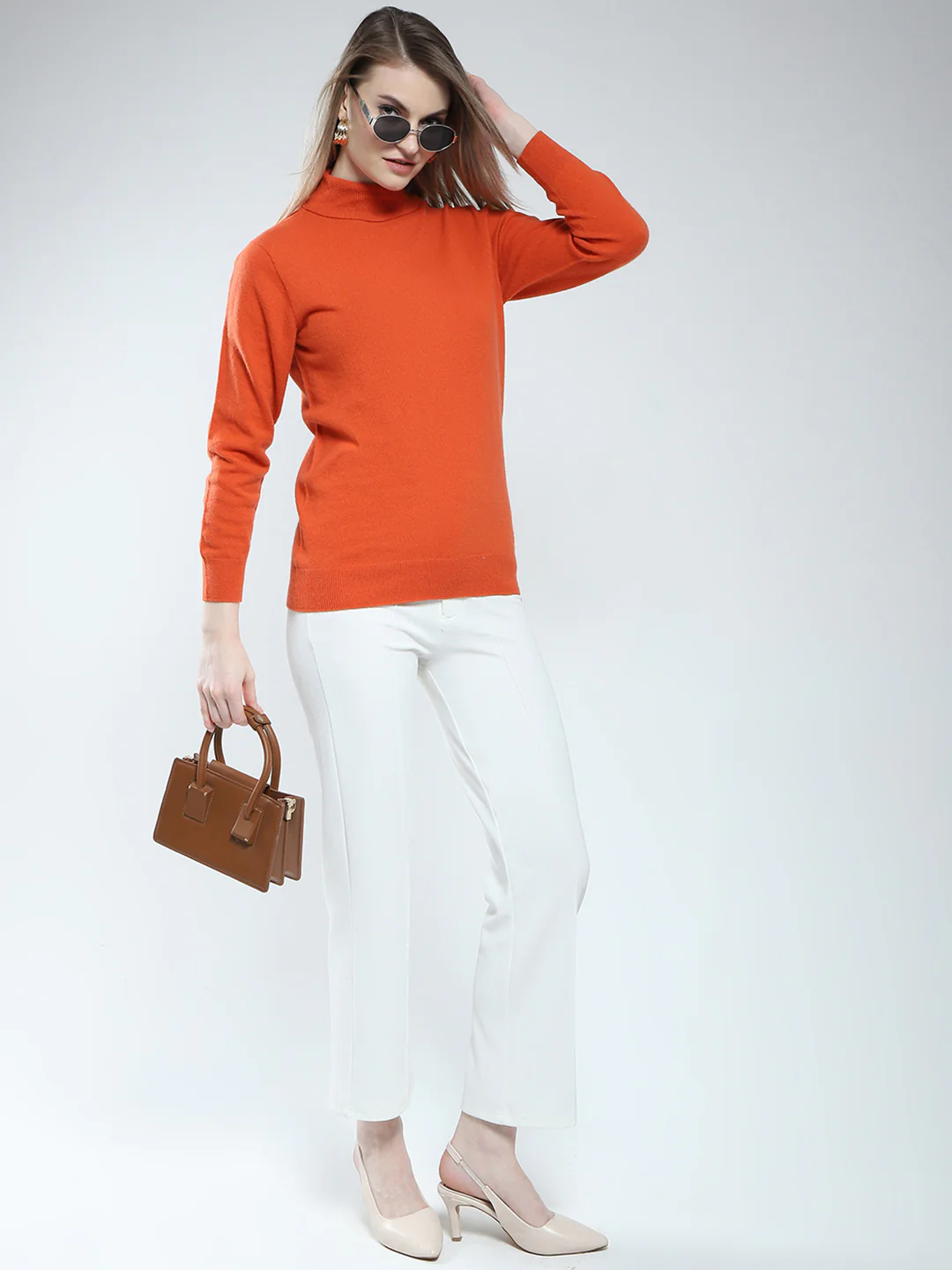 Women Orange Solid High Neck Full Sleeve Winter Top - Image 2