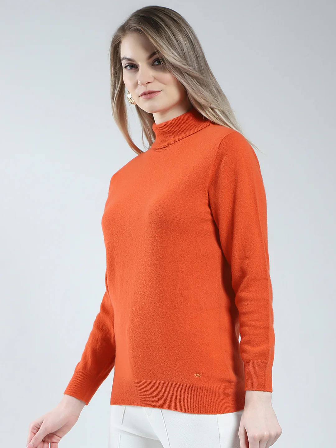 Women Orange Solid High Neck Full Sleeve Winter Top - Image 3