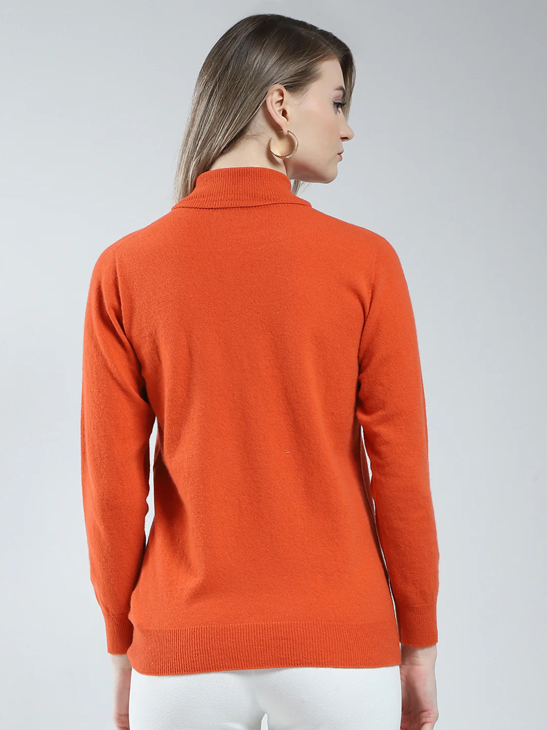 Women Orange Solid High Neck Full Sleeve Winter Top - Image 5