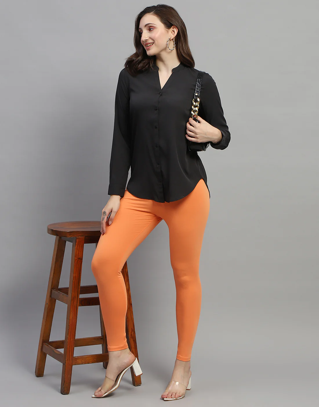 Women Orange Solid Regular Fit Legging - Image 3