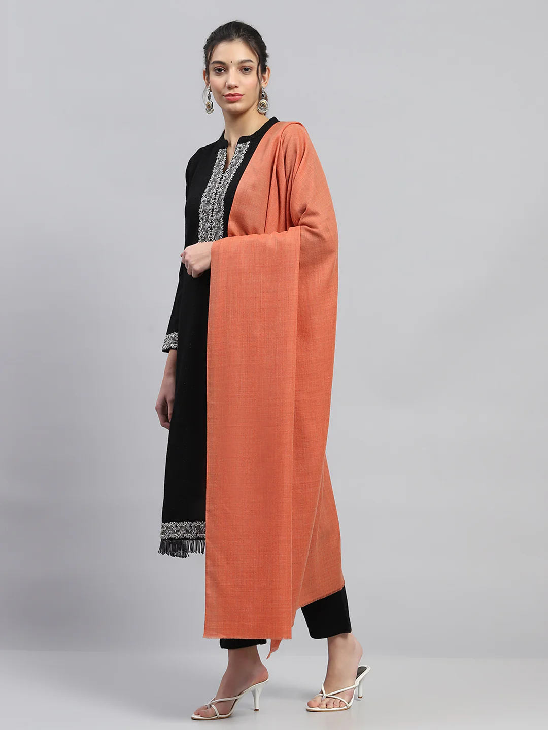 Women Orange Solid Reversible Shawl - Image 3
