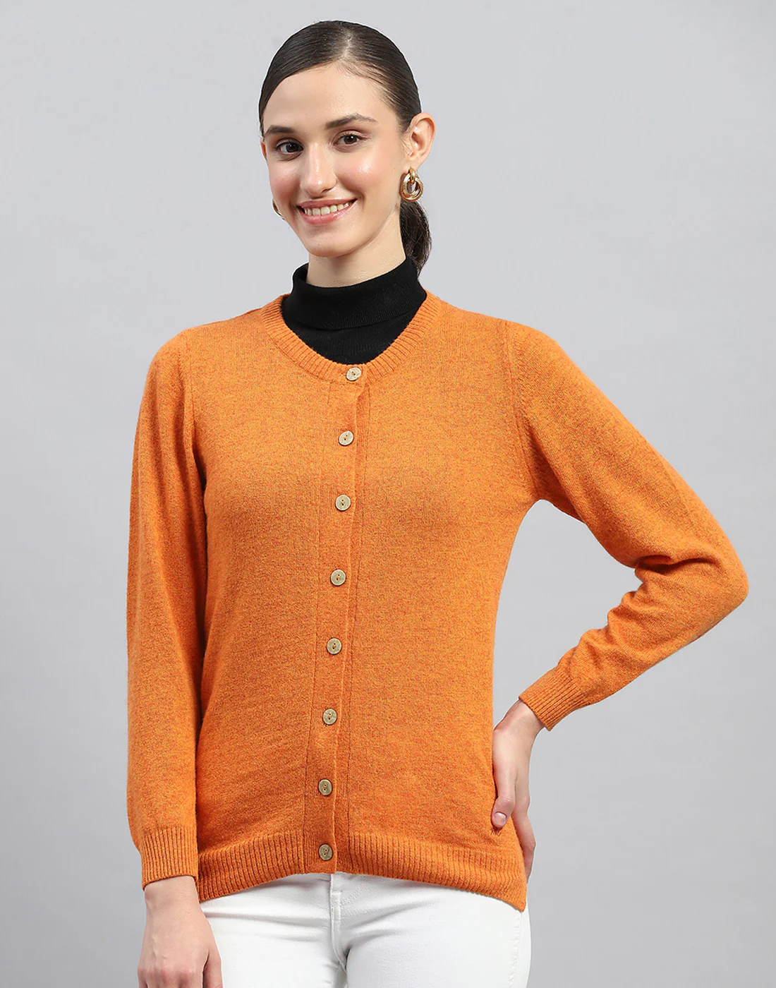 Women Orange Solid Round Neck Full Sleeve Cardigan - Image 2