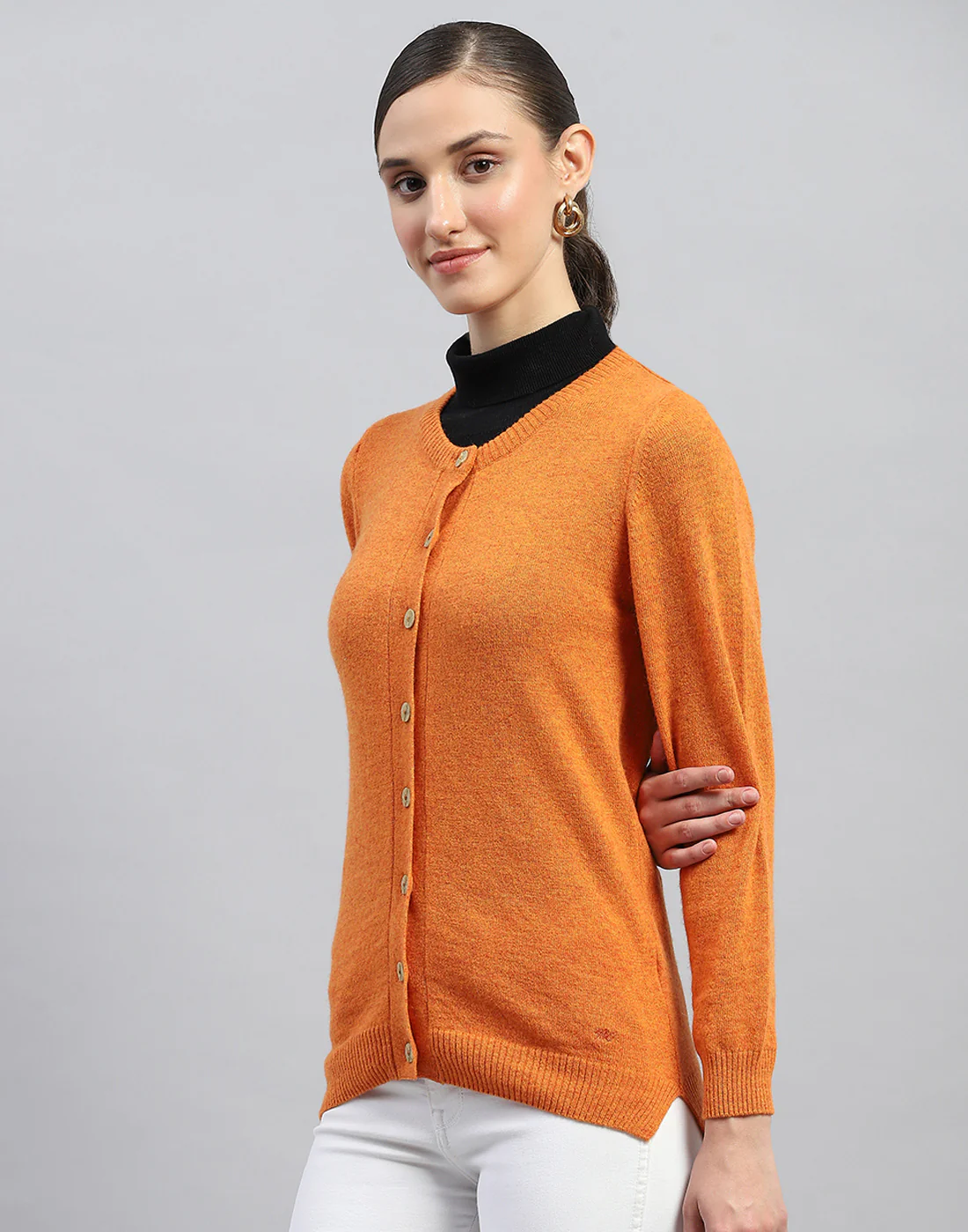 Women Orange Solid Round Neck Full Sleeve Cardigan - Image 3