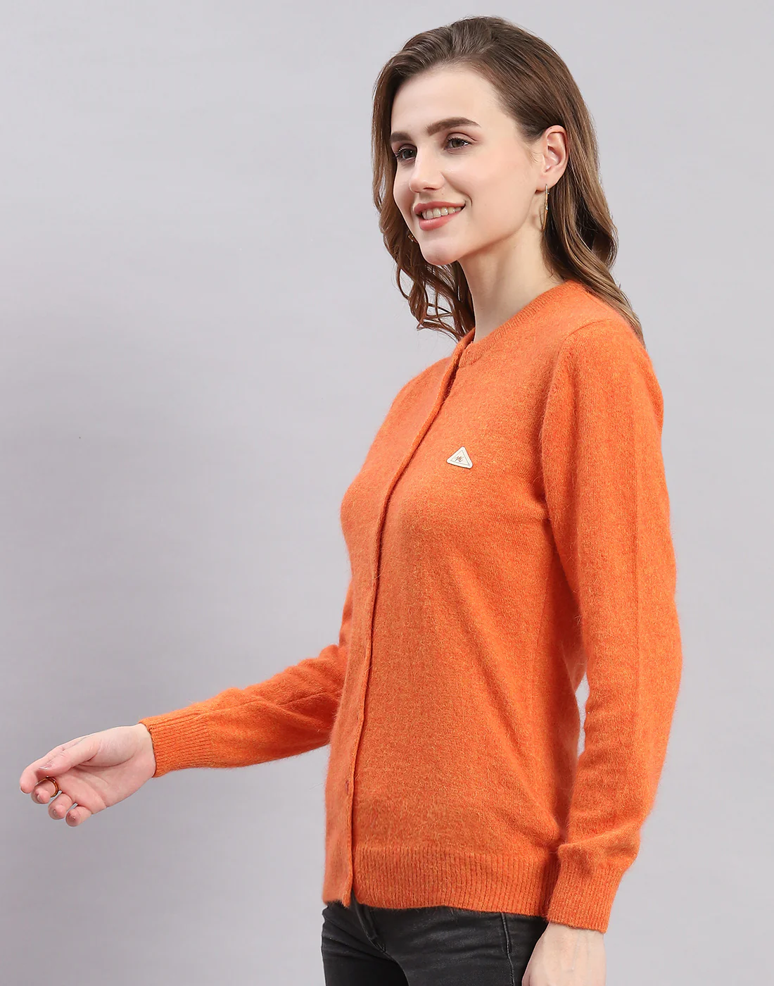 Women Orange Solid Round Neck Full Sleeve Cardigan - Image 4