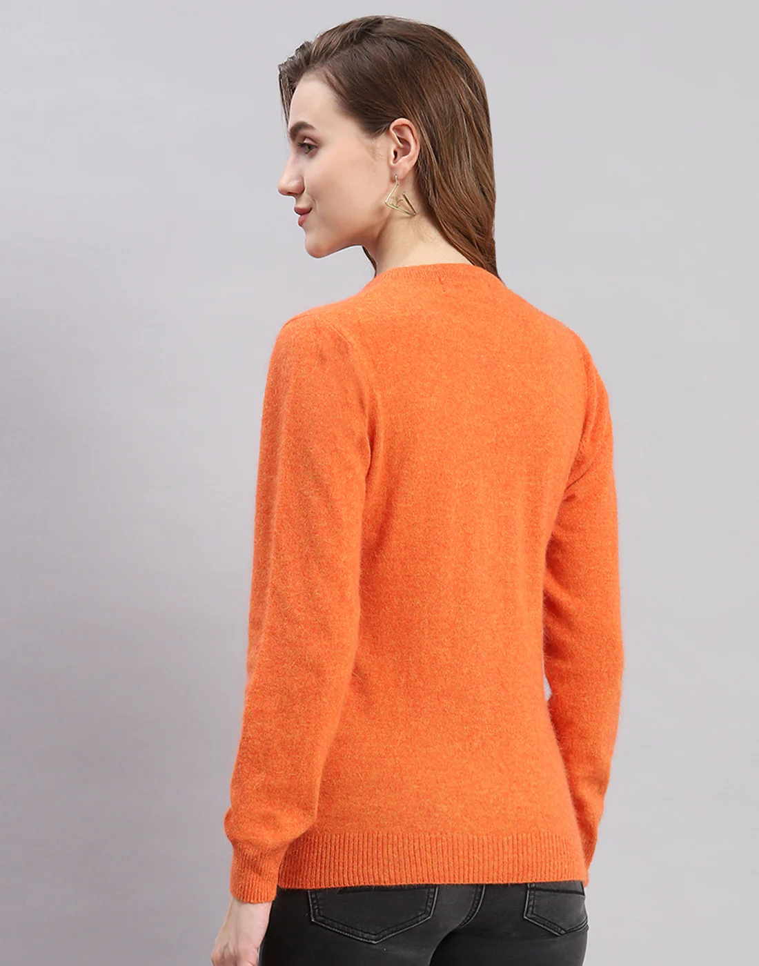 Women Orange Solid Round Neck Full Sleeve Cardigan - Image 5