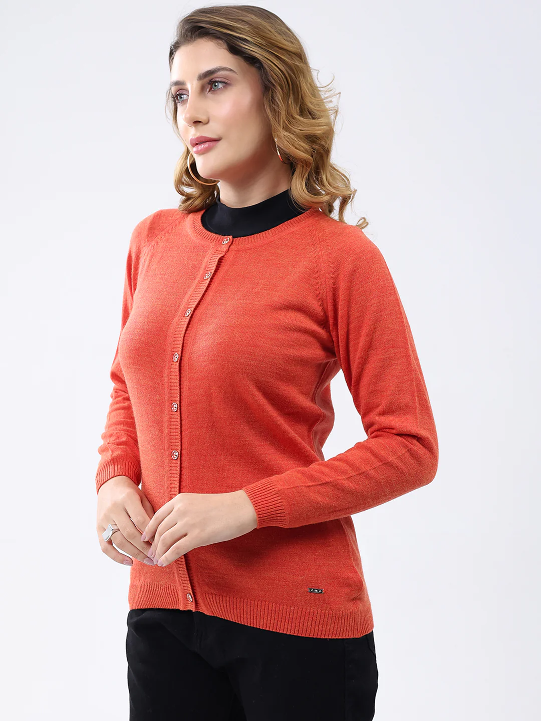 Women Orange Solid Round Neck Full Sleeve Cardigan - Image 3