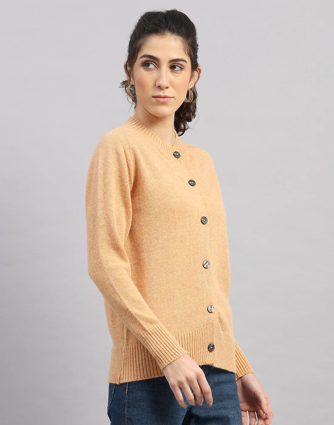 Women Orange Solid Round Neck Full Sleeve Cardigan - Image 3
