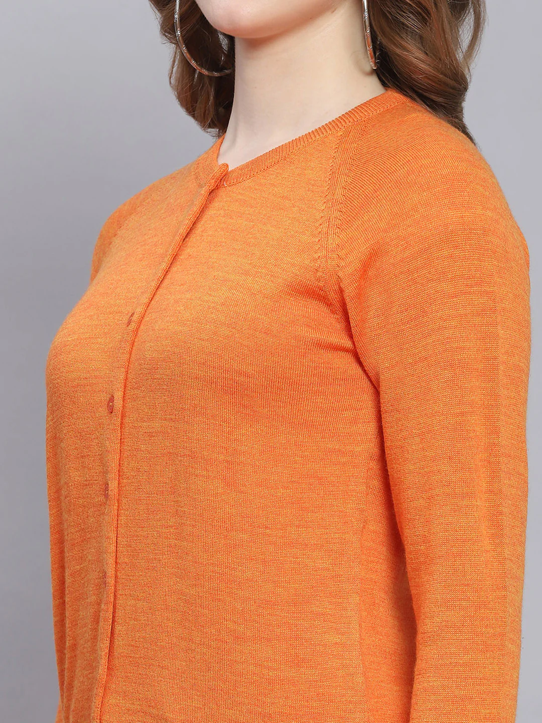 Women Orange Solid Round Neck Full Sleeve Cardigans - Image 6