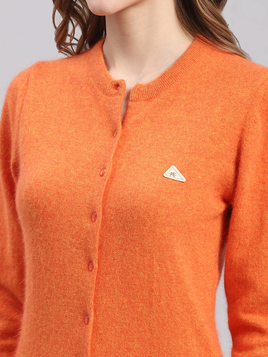 Women Orange Solid Round Neck Full Sleeve Cardigans - Image 6