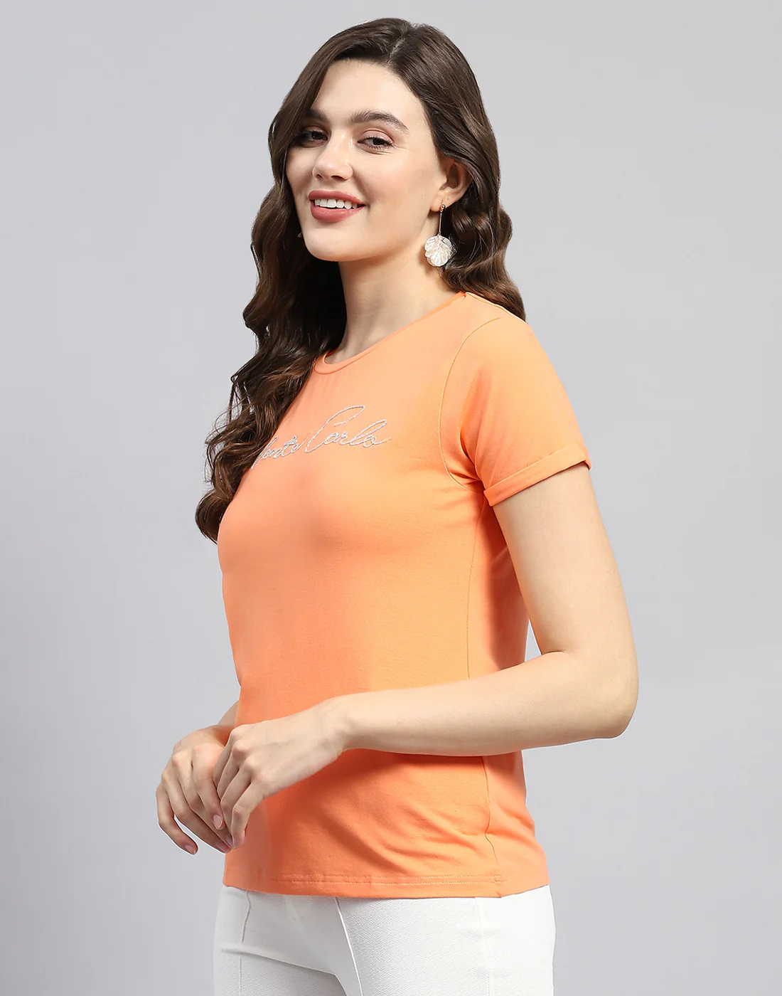 Women Orange Solid Round Neck Half Sleeve Top - Image 3