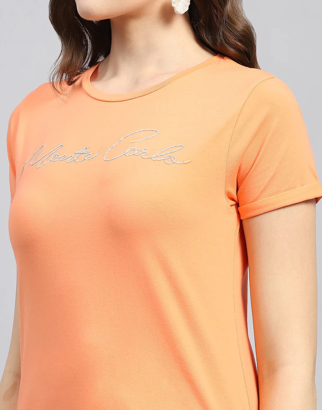 Women Orange Solid Round Neck Half Sleeve Top - Image 6