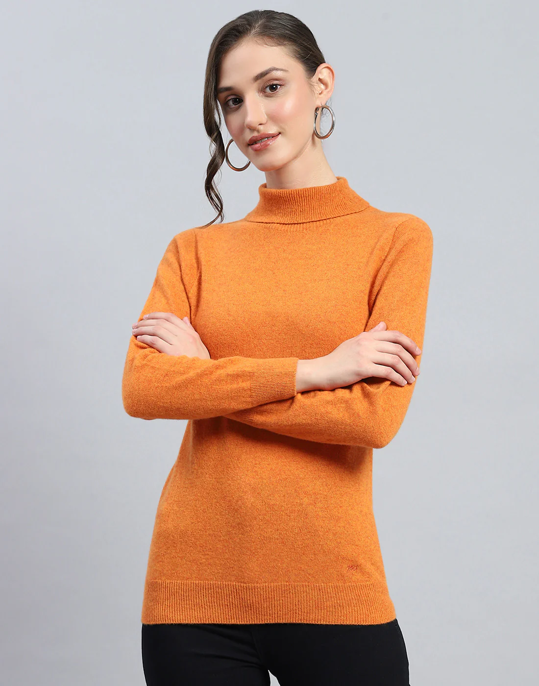 Women Orange Solid Turtle Neck Full Sleeve Winter Top - Image 2