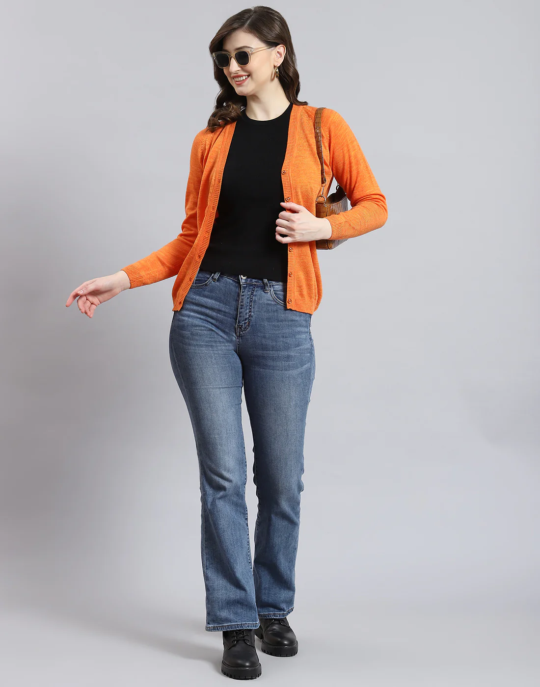 Women Orange Solid V Neck Full Sleeve Cardigan