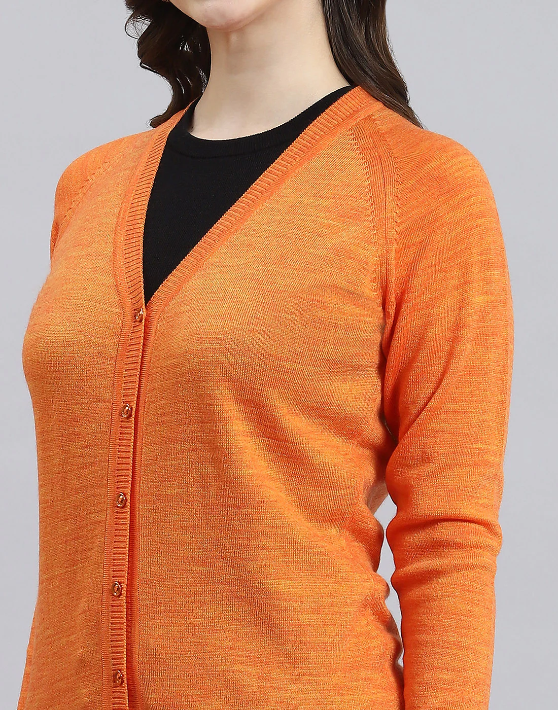 Women Orange Solid V Neck Full Sleeve Cardigan - Image 7