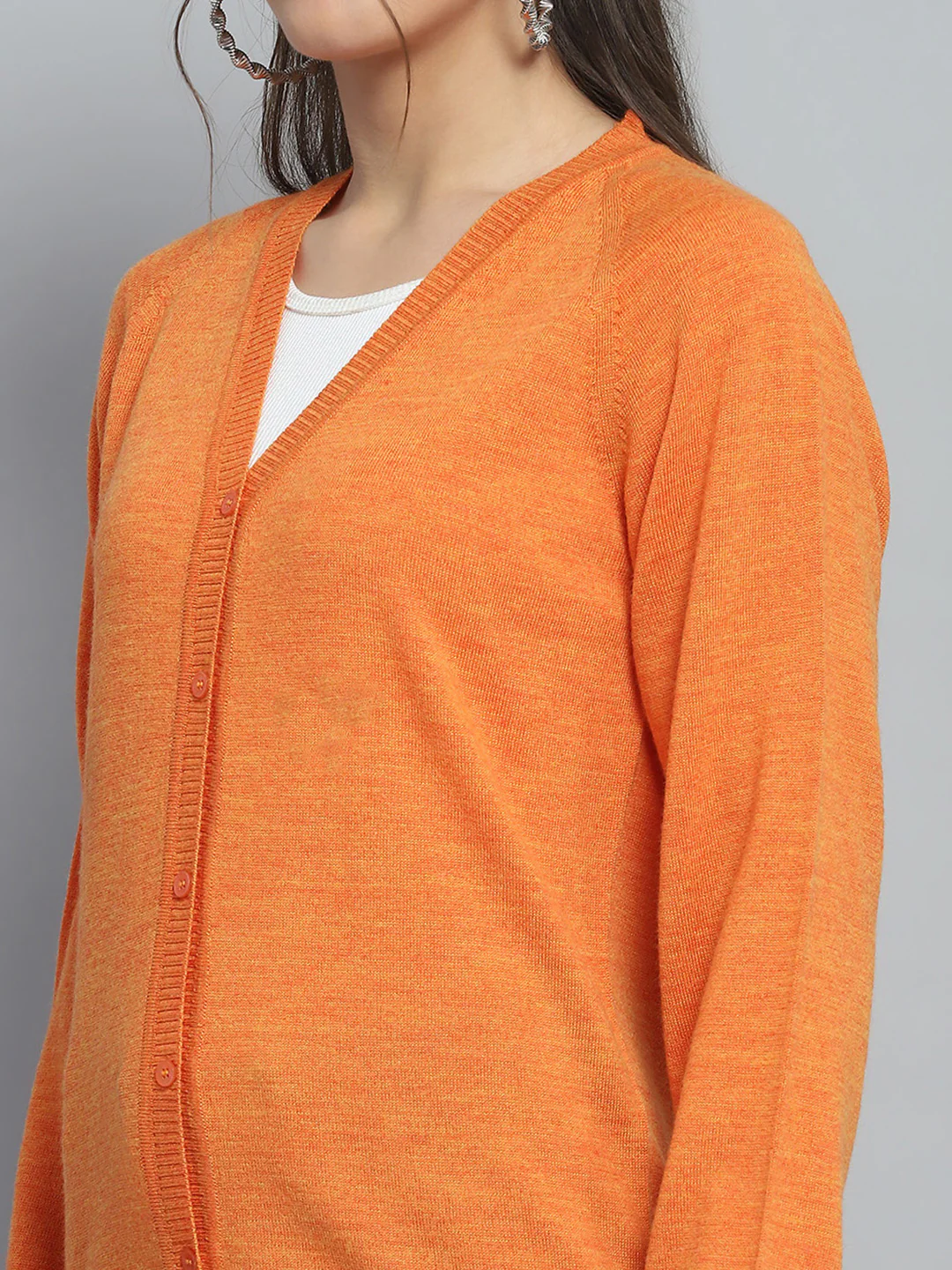 Women Orange Solid V Neck Full Sleeve Cardigan - Image 6