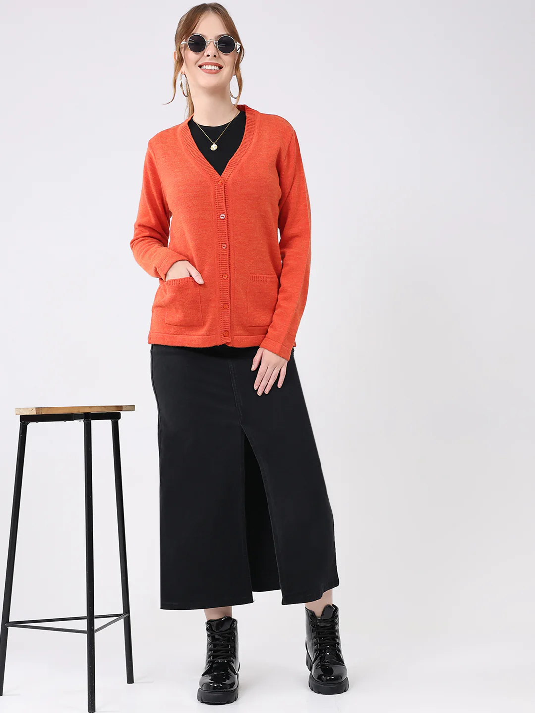 Women Orange Solid V Neck Full Sleeve Cardigan - Image 2
