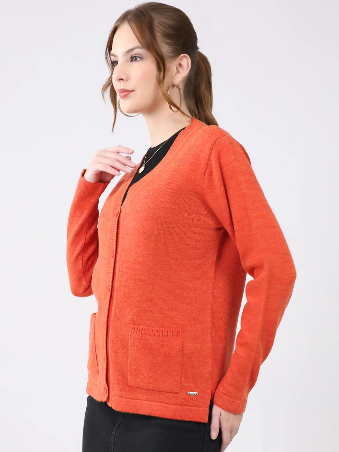 Women Orange Solid V Neck Full Sleeve Cardigan - Image 3