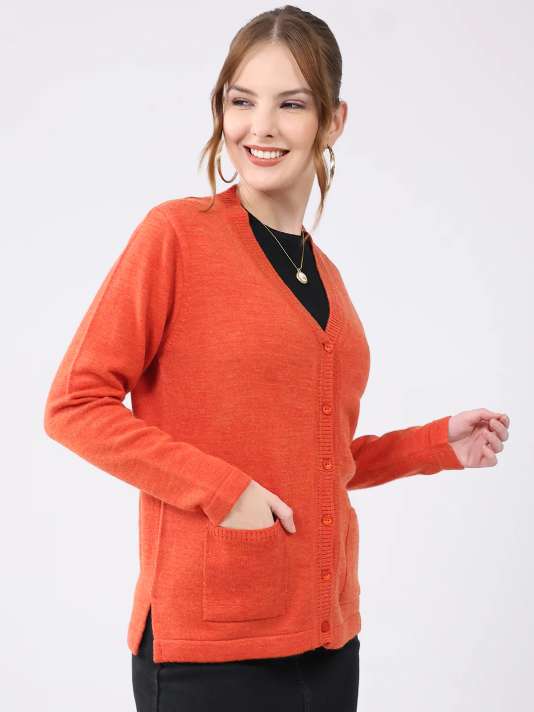 Women Orange Solid V Neck Full Sleeve Cardigan - Image 4