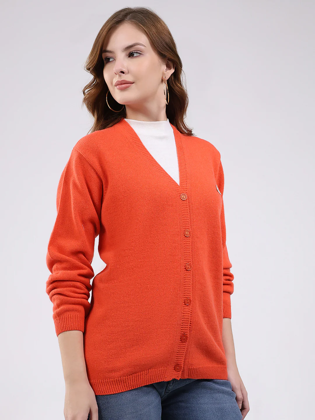 Women Orange Solid V Neck Full Sleeve Cardigan - Image 4