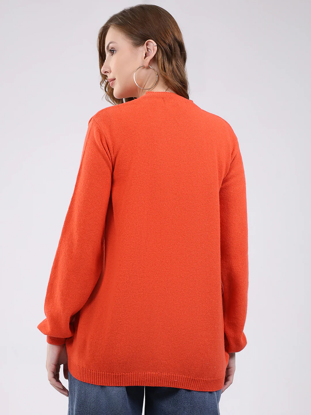 Women Orange Solid V Neck Full Sleeve Cardigan - Image 5