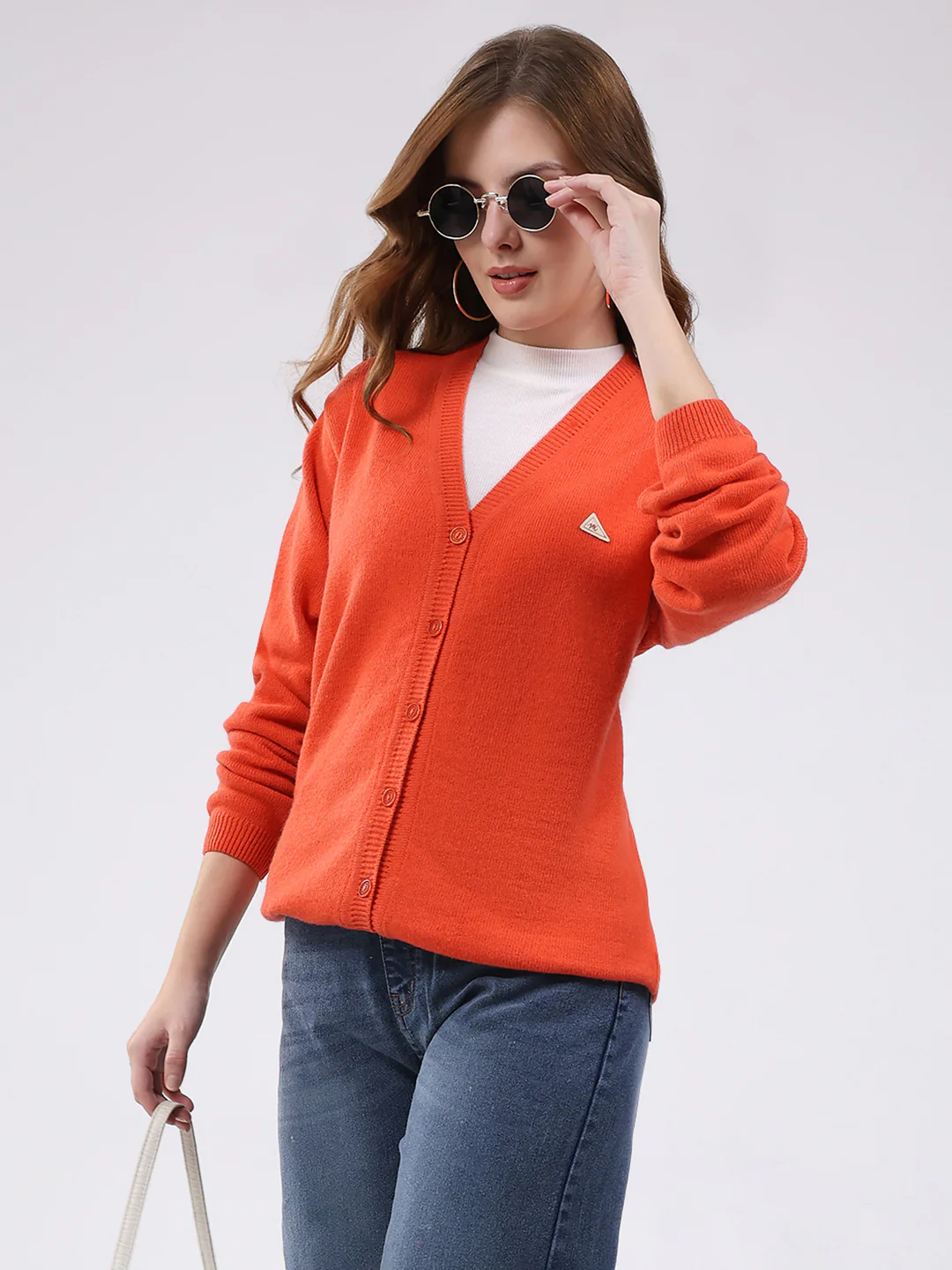 Women Orange Solid V Neck Full Sleeve Cardigan - Image 6