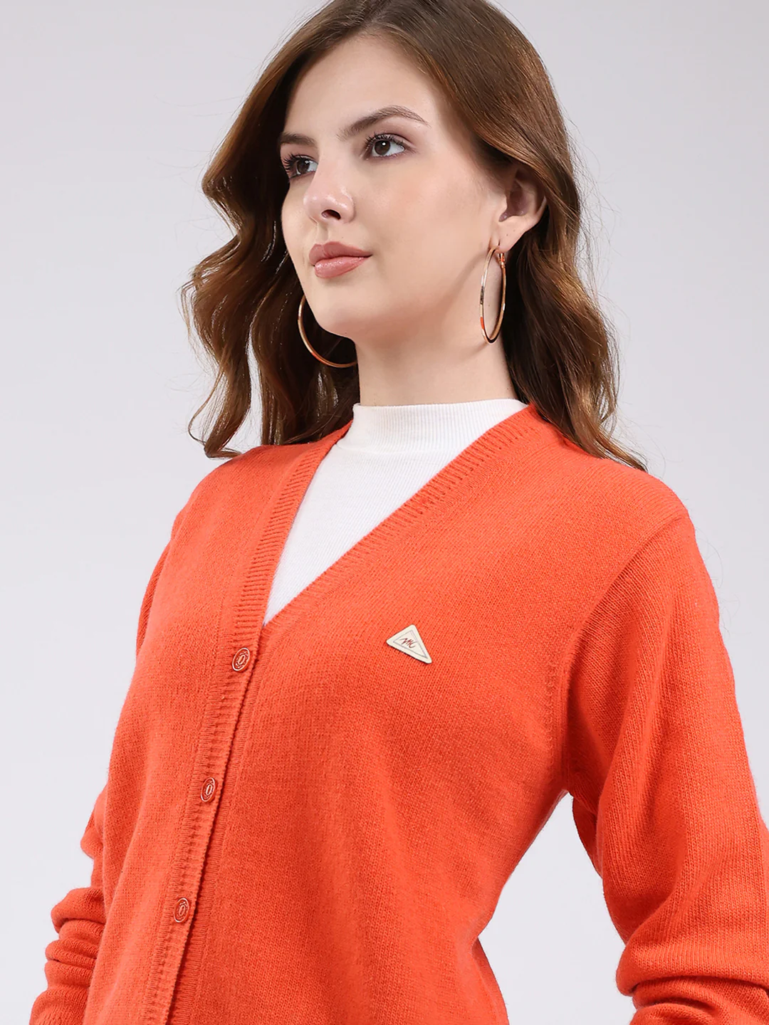 Women Orange Solid V Neck Full Sleeve Cardigan - Image 7