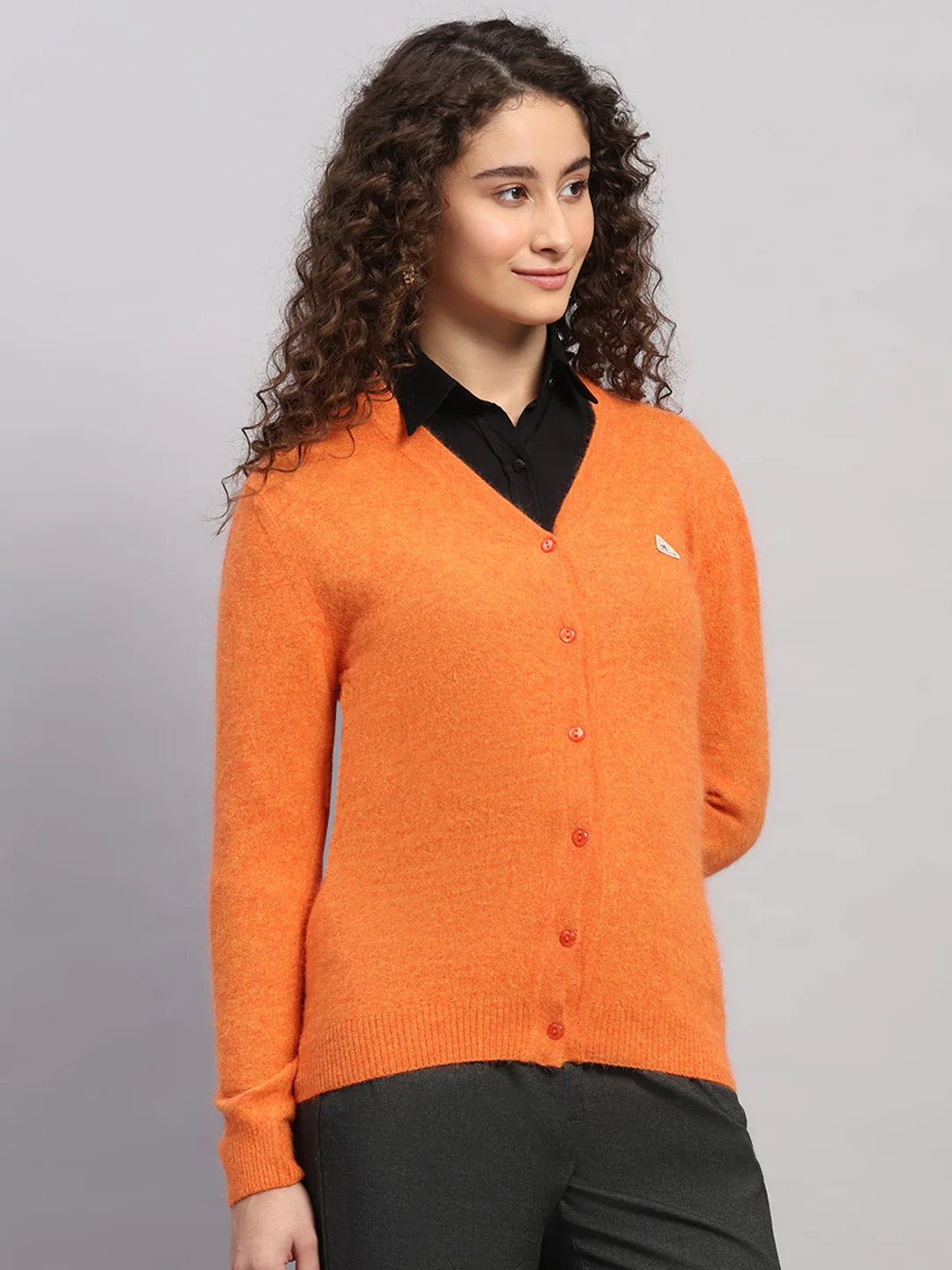 Women Orange Solid V Neck Full Sleeve Cardigan - Image 4