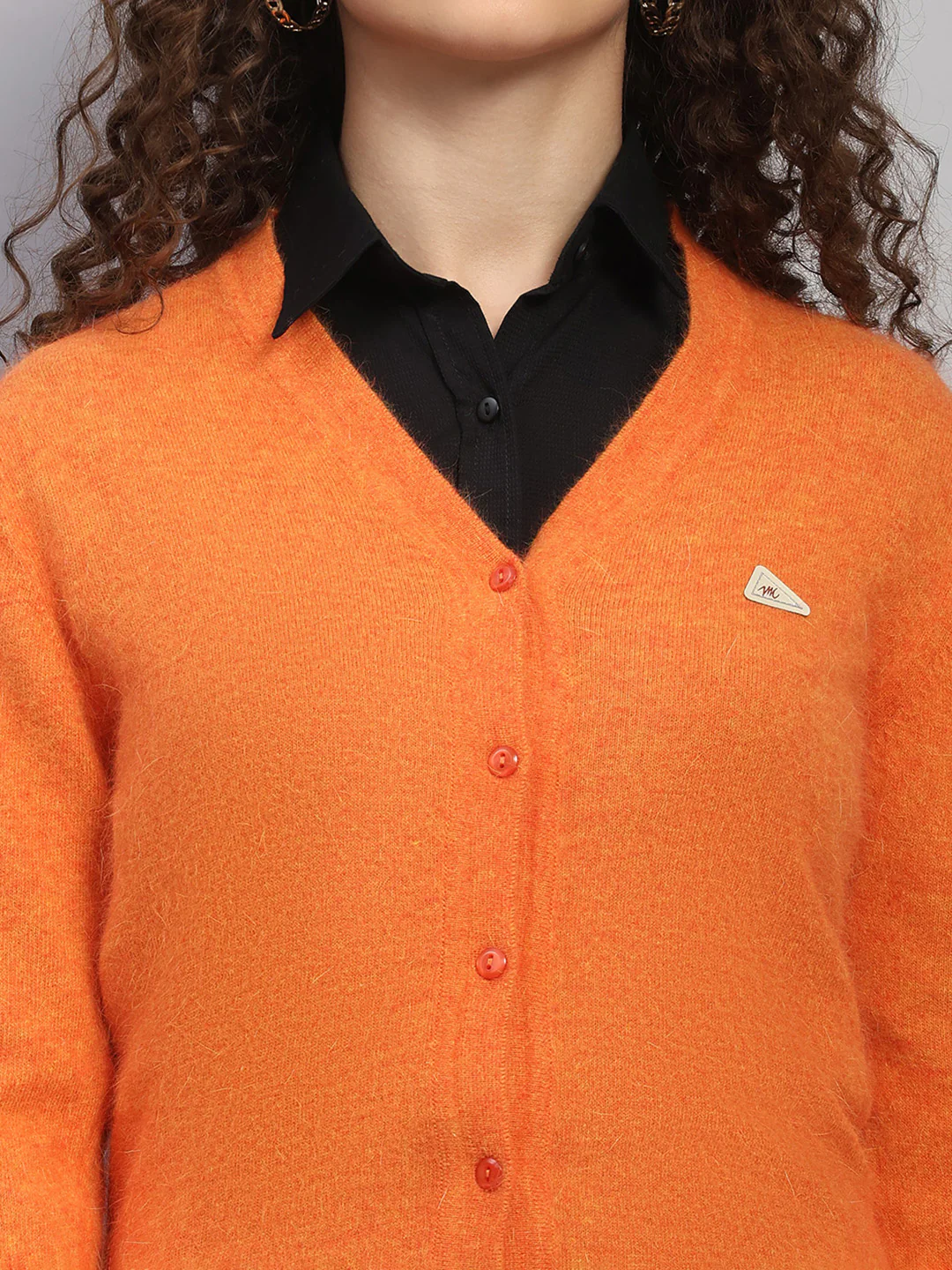 Women Orange Solid V Neck Full Sleeve Cardigan - Image 6