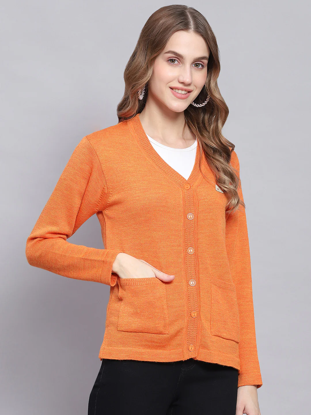 Women Orange Solid V Neck Full Sleeve Cardigans - Image 4