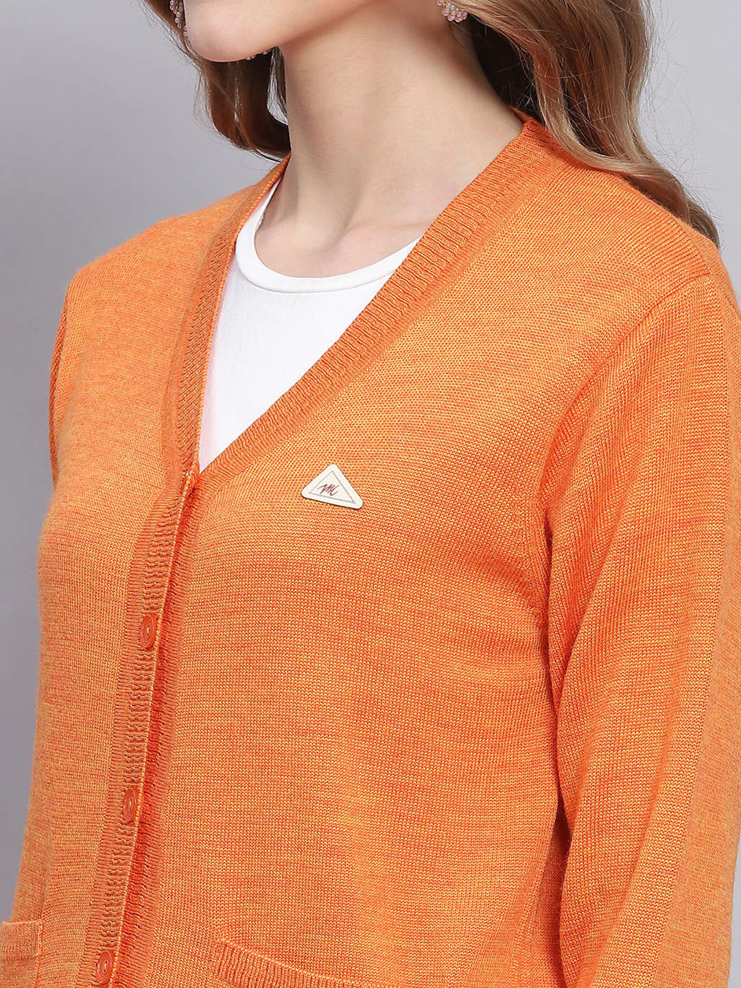Women Orange Solid V Neck Full Sleeve Cardigans - Image 6